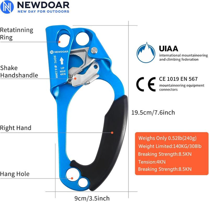 Newdoar UIAA & CE Certified Hand Ascender for 8-13MM Rope, Rock Climbing, Tree Climbing, Rappelling, Outdoor Sports Equipment Fathersdaygift Adjustable Compact Max Load