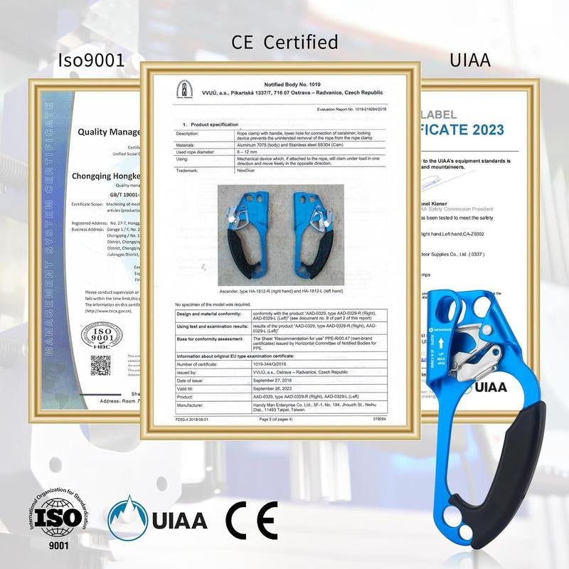 Newdoar UIAA & CE Certified Hand Ascender for 8-13MM Rope, Rock Climbing, Tree Climbing, Rappelling, Outdoor Sports Equipment Fathersdaygift Adjustable Compact Max Load